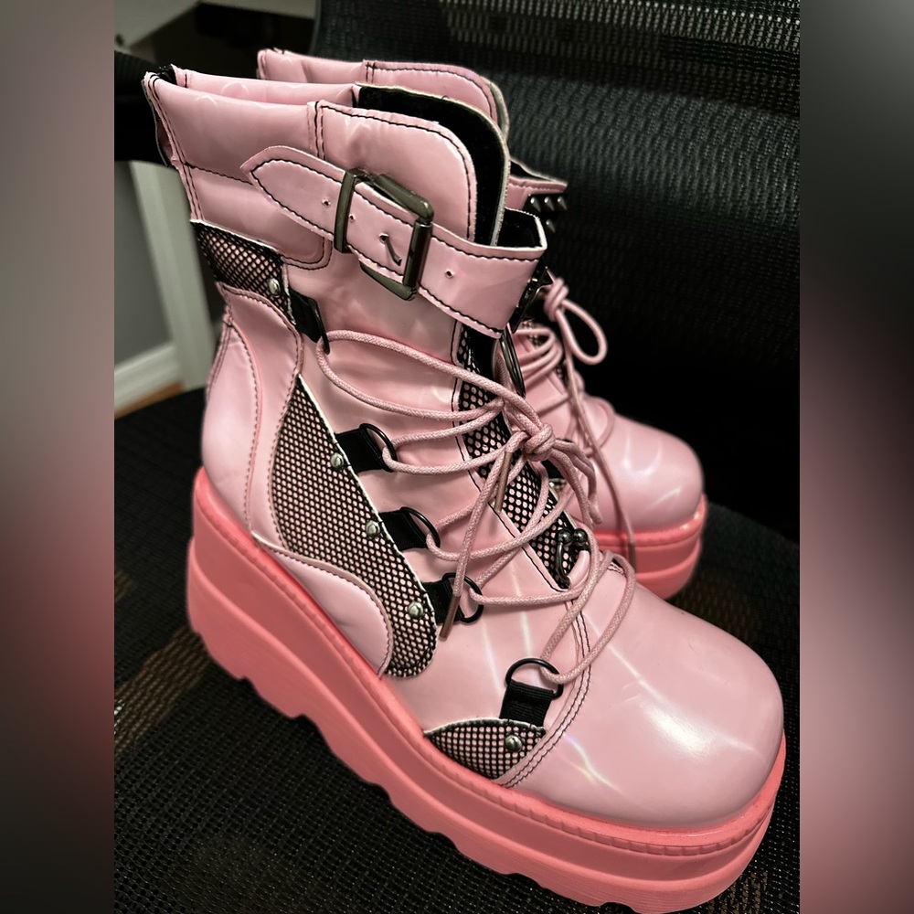 Pink Punk Women Boot Zipper Platform Chunky High Heel Ankle Boot Cool Wedge Shoe